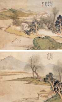 杨柳谷 山水图（二张） 镜心